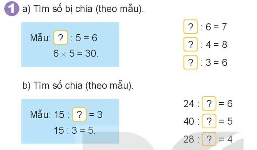 Hình ảnh minh họa bài tập tìm số bị chia và số chia trong sách giáo khoa, giúp học sinh dễ dàng hình dung và áp dụng công thức vào giải bài tập.