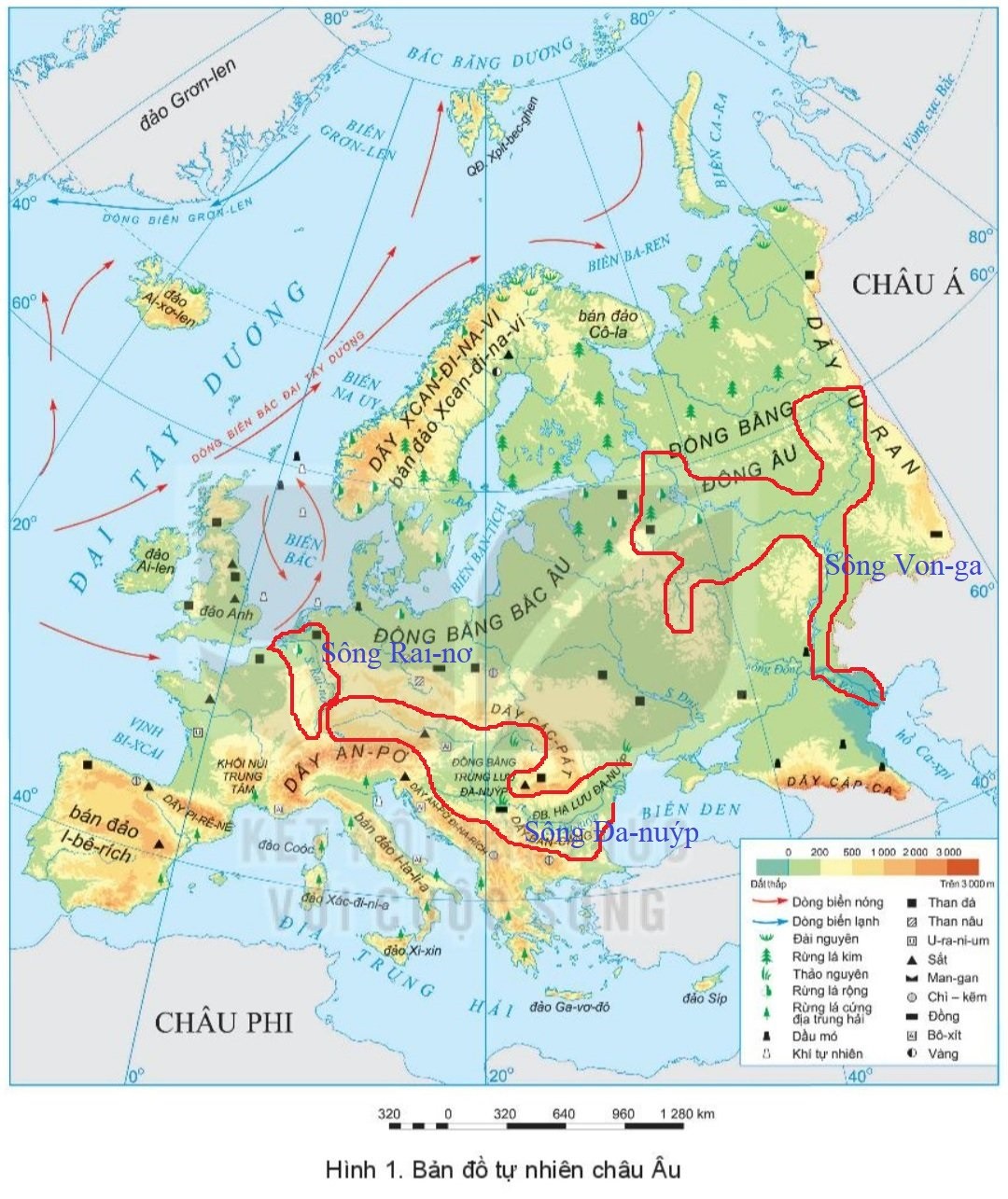 Vị trí các con sông Volga, Danube và Rhine trên bản đồ châu Âu
