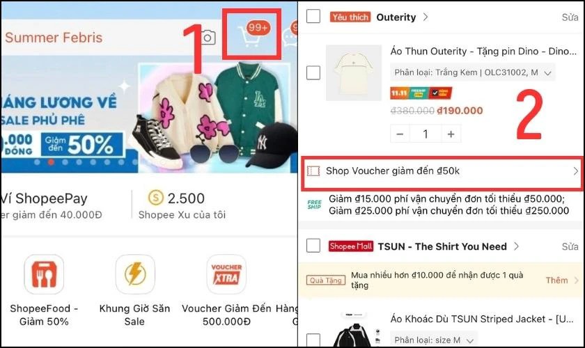 Tìm mã giảm giá Shopee tại giỏ hàng
