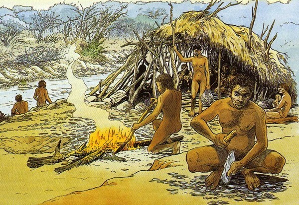 Hình ảnh minh họa về nơi cư trú &quot;nhà cửa&quot; của người tinh khôn, cho thấy sự tiến bộ trong việc xây dựng và định cư.