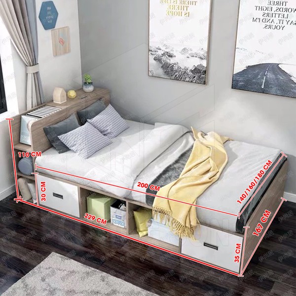 Giường đơn 1m2 có ngăn kéo, tận dụng không gian lưu trữ