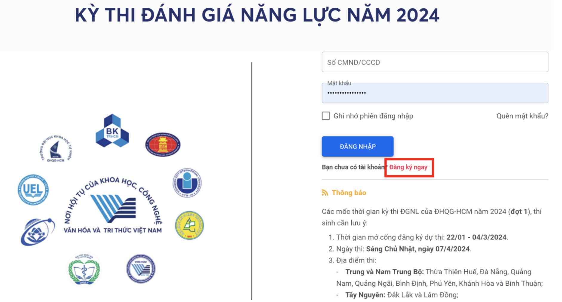 Nút đăng ký ngay trên trang chủ website thi đánh giá năng lực