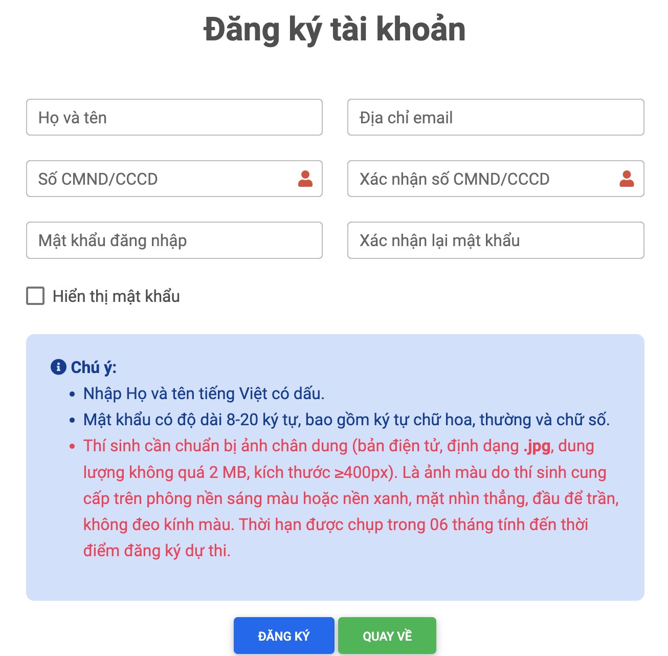 Trang đăng ký tài khoản