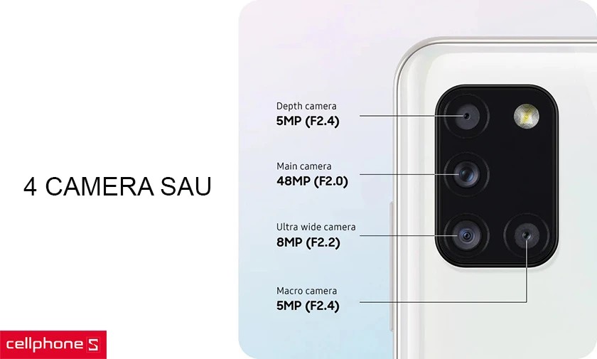 Hệ thống camera sau của Samsung A31 cho phép bạn chụp ảnh đa dạng trong nhiều điều kiện ánh sáng
