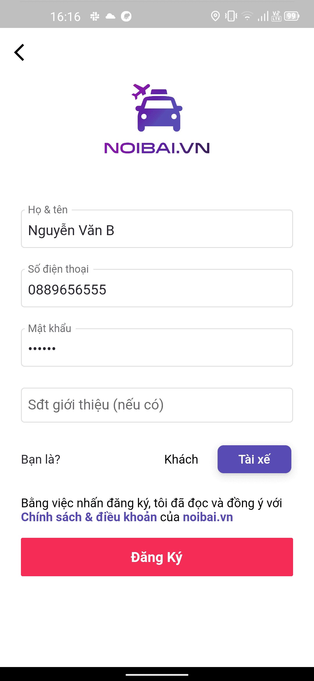 Interface voor het selecteren van het accounttype als chauffeur
