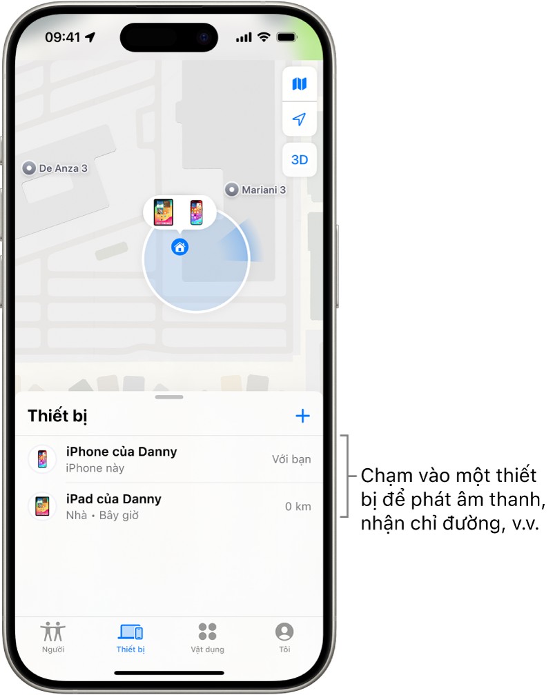 Bản đồ hiển thị vị trí của iPhone và iPad.