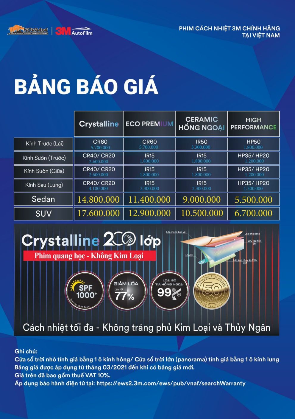 Bảng giá dán phim cách nhiệt 3M cho xe bán tải