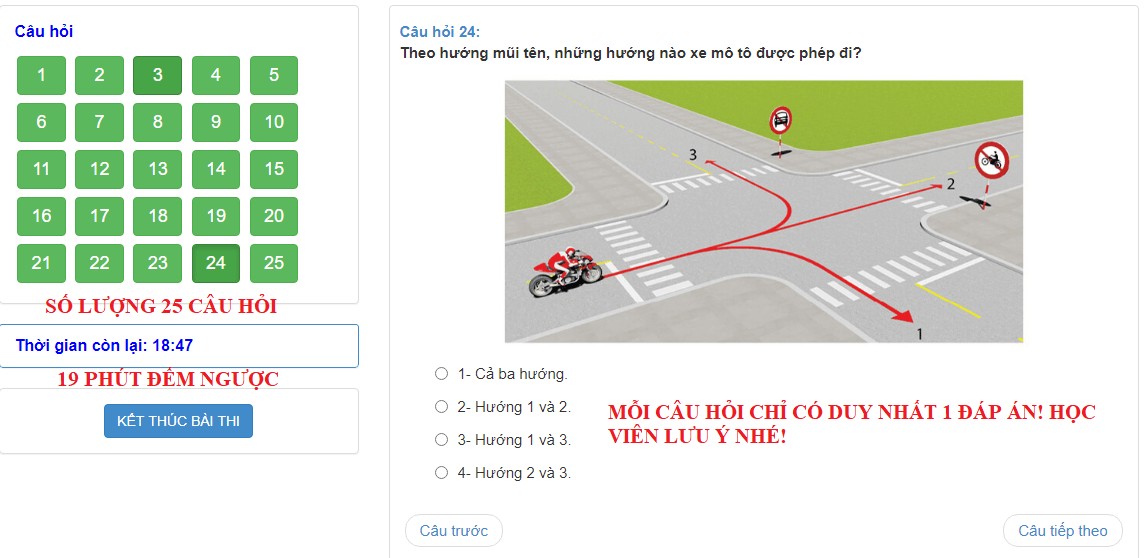 Giao diện bộ đề thi thử bằng lái xe A2 trực tuyến, hiển thị cấu trúc các câu hỏi lý thuyết.