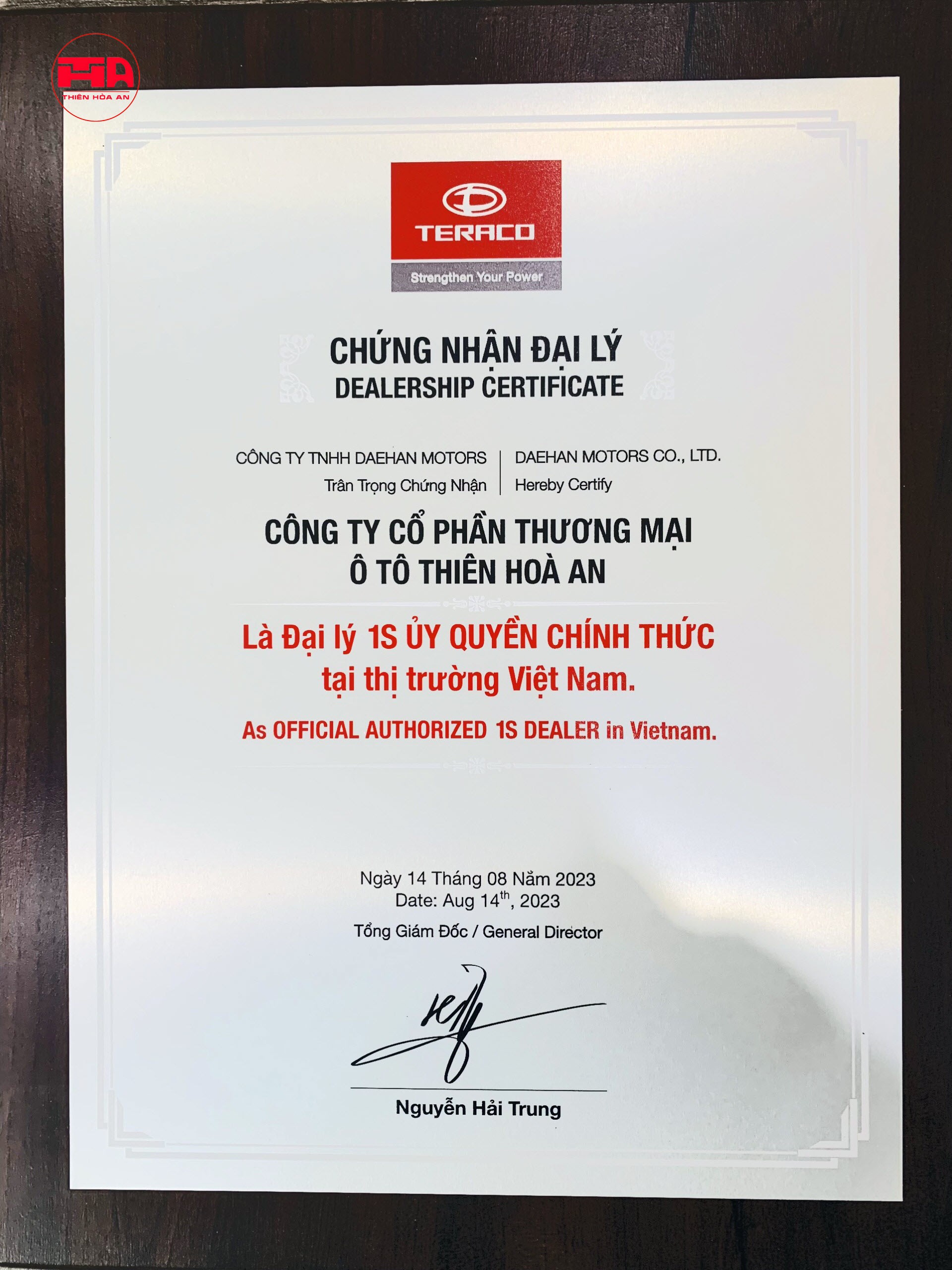 Certificado oficial de concesionario Teraco de Thiên Hòa An en Bắc Ninh