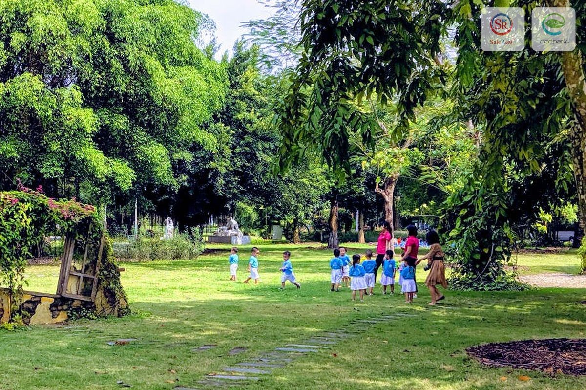 Hoạt động vui chơi trên bãi cỏ xanh mướt tại công viên Mùa Xuân Ecopark