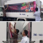 Hình ảnh decal quảng cáo trên xe tải thùng kín, thể hiện logo và thông tin liên hệ của doanh nghiệp