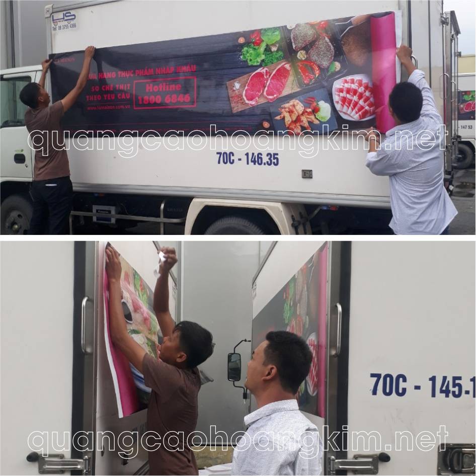 decal dan xe o to tai 2 - Xe tải thùng kín màu trắng được dán quảng cáo decal thương hiệu ở hai bên thùng xe, nổi bật trên đường phố.