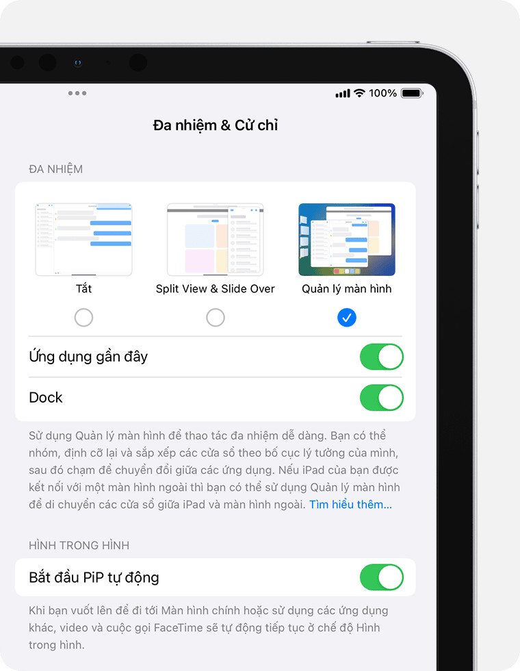 Màn hình iPad hiển thị các chế độ cài đặt Đa nhiệm &amp; Cử chỉ và nút Quản lý màn hình đang được chọn.
