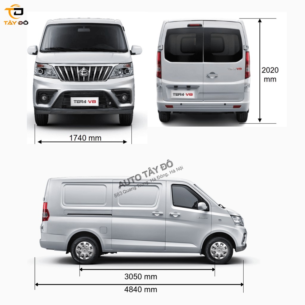 alt text: Hình ảnh kích thước tổng thể xe tải van Teraco V8
