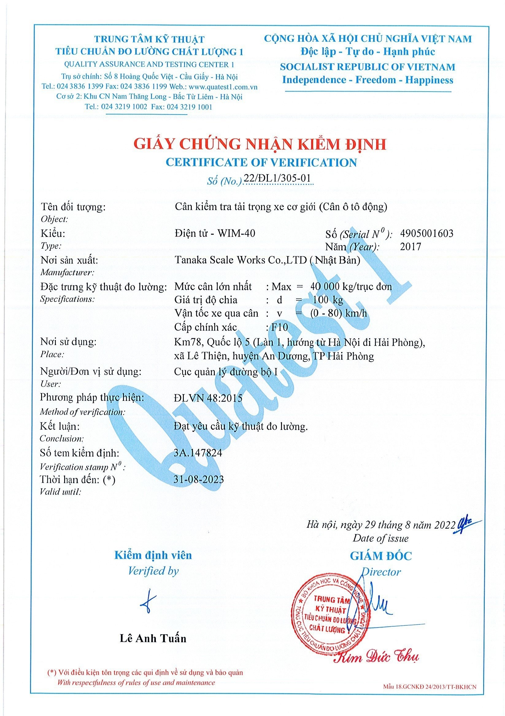 Giấy chứng nhận kiểm định hệ thống cân điện tử đảm bảo đo lường tải trọng trục xe chính xác