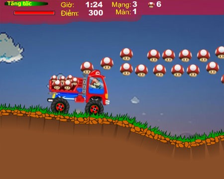 Mario collecte des champignons sur un circuit dans un jeu flash de camion