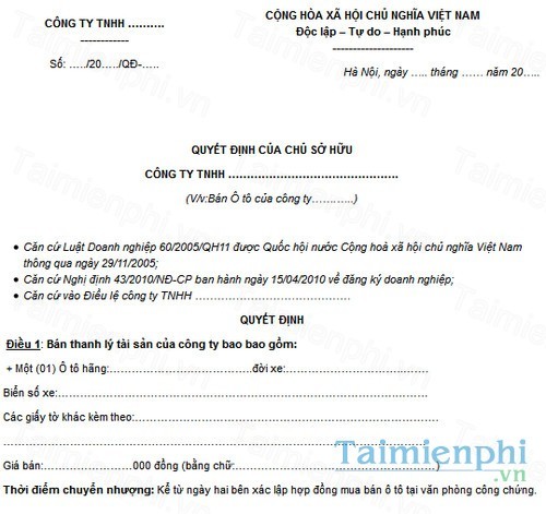 Mẫu quyết định bán ô tô