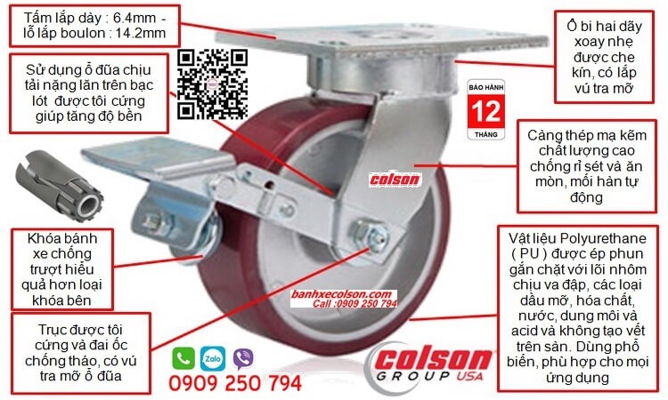 Mô tả bánh xe đẩy hàng pu chịu tải lớn max 680kg càng Impak Colson Mỹ