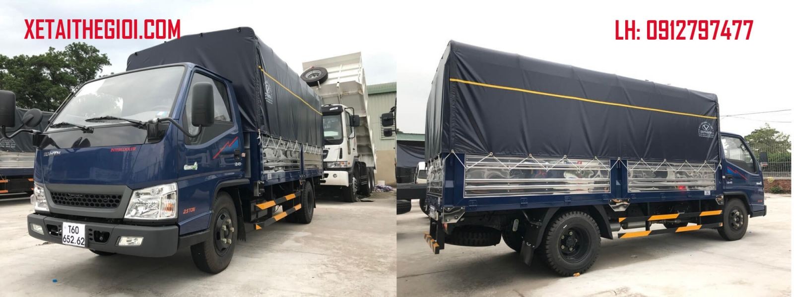 Tổng quan ngoại thất xe tải Đô Thành IZ49 2.5 tấn thùng mui bạt, cabin vuông vắn, màu sắc tươi sáng