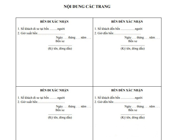 Nội dung các trang trong sổ nhật trình xe tải