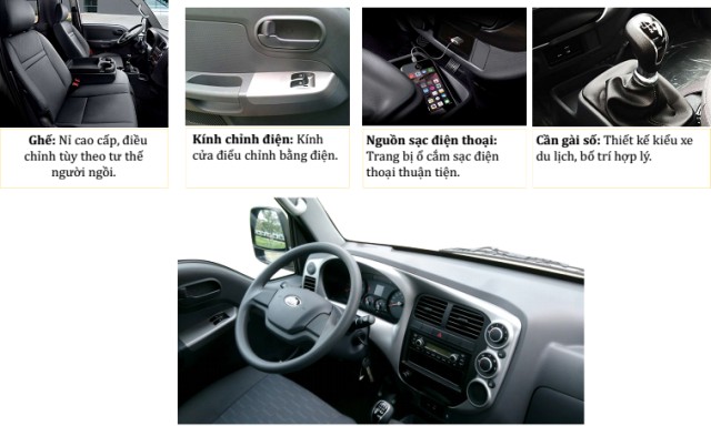 Hình ảnh chi tiết nội thất cabin xe tải Kia K200 với vô lăng, taplo và các nút điều khiển