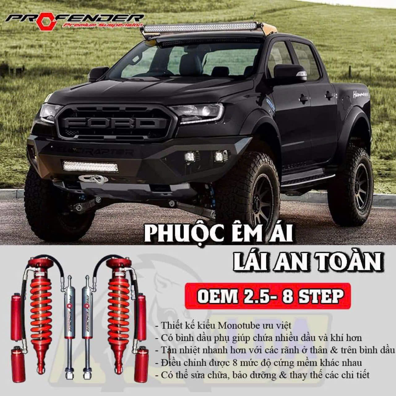 Phuộc Profender 2.5 8 Step, kết hợp đường kính lớn và khả năng tùy chỉnh, mang lại hiệu năng cao.