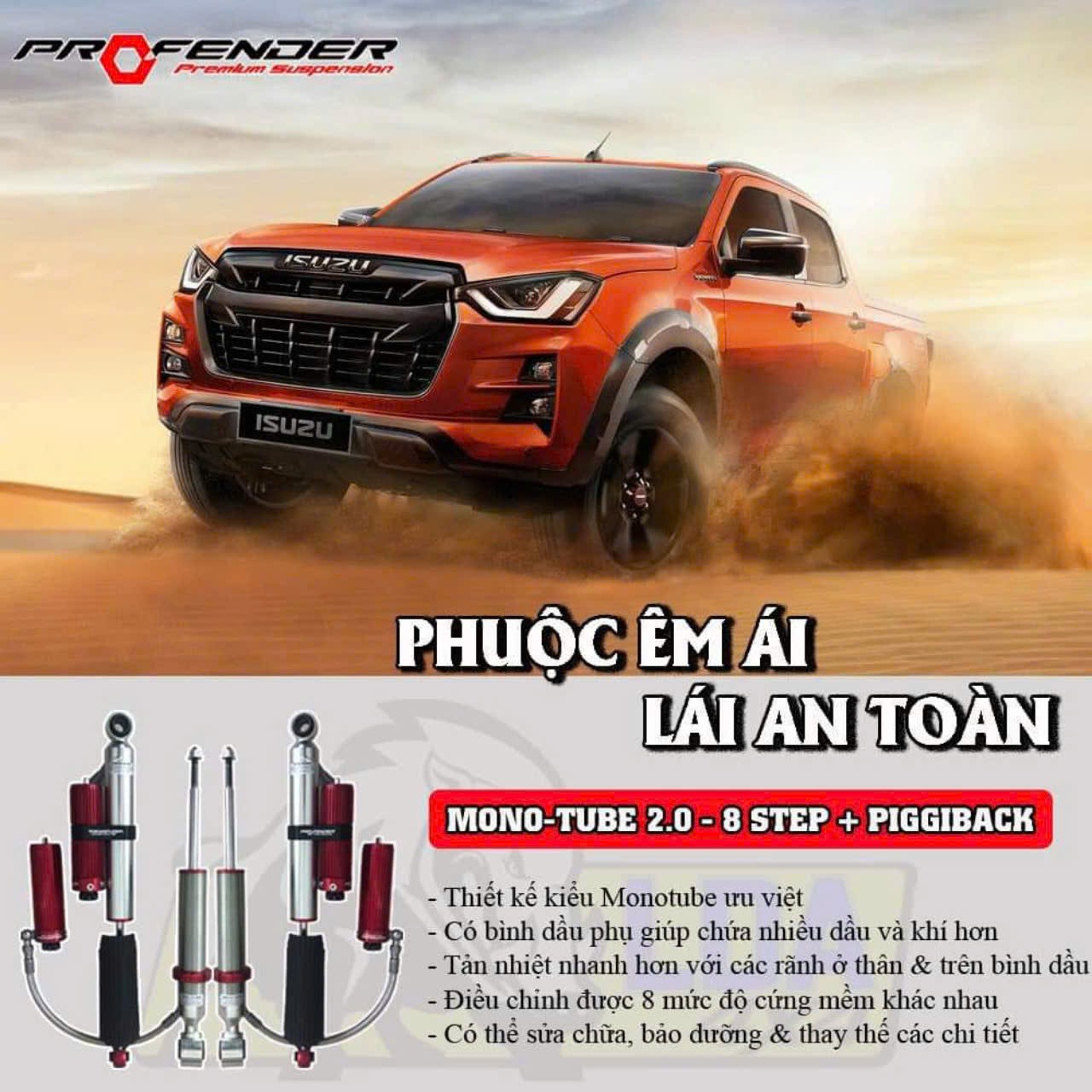 Phuộc Profender 8 Step lắp cho xe bán tải Dmax, thể hiện khả năng tương thích với nhiều dòng xe bán tải phổ biến.