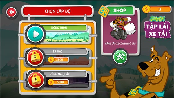 Màn hình chọn cấp độ trong game tập lái xe tải Scooby Doo