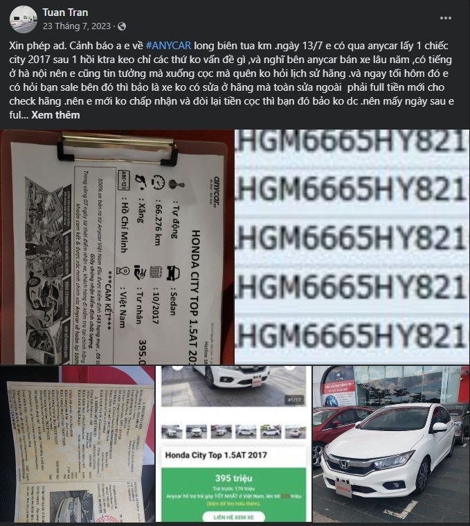 Captura de pantalla de una publicación de Facebook sobre el escándalo del coche Honda City de Anycar