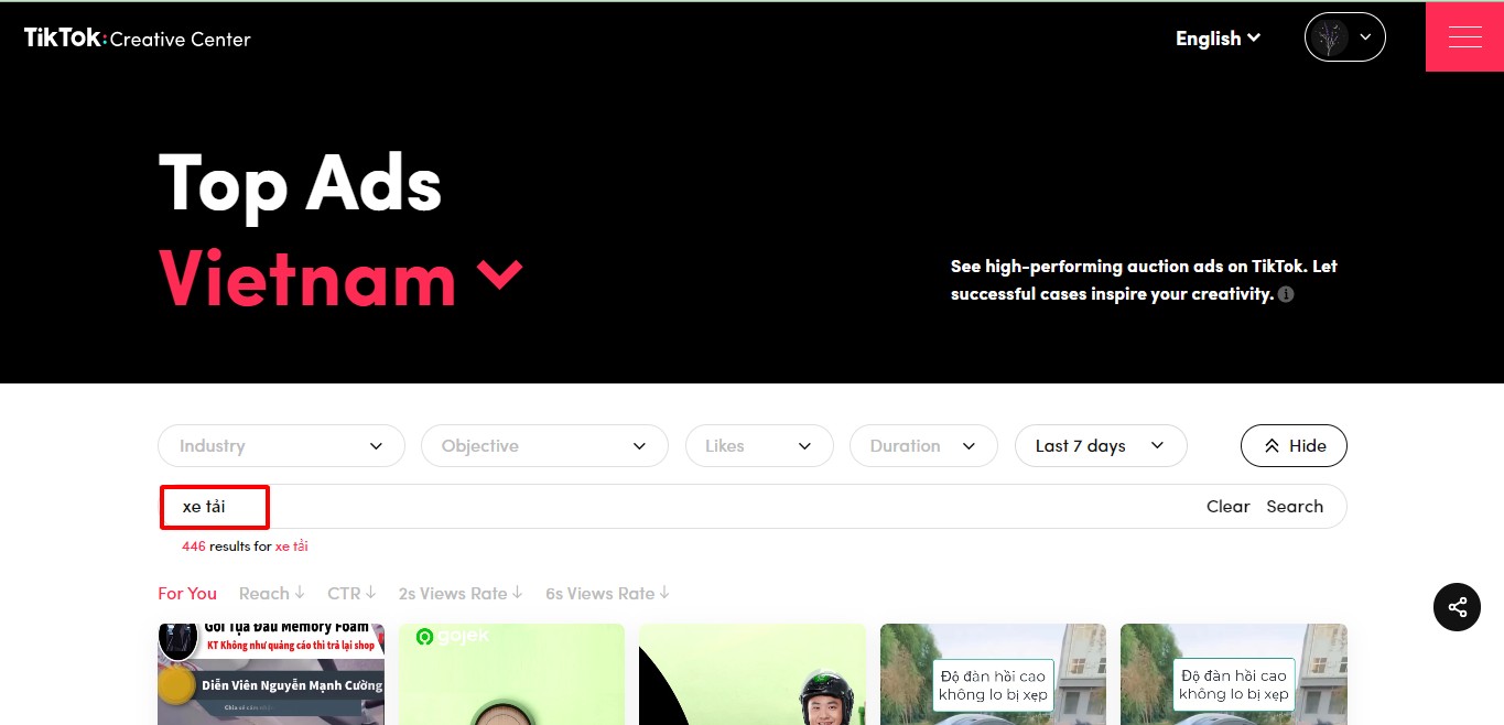 Search xe tải trên TikTok Ads Center