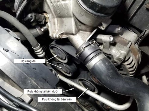 Location of the belt tensioner, idler pulleys, and serpentine belt on the BMW N55 engine