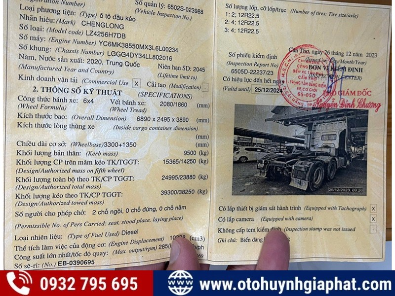 Sổ đăng kiểm xe đầu kéo CHENGLONG H7 385HP 2020 cũ, minh chứng cho chất lượng và nguồn gốc rõ ràng