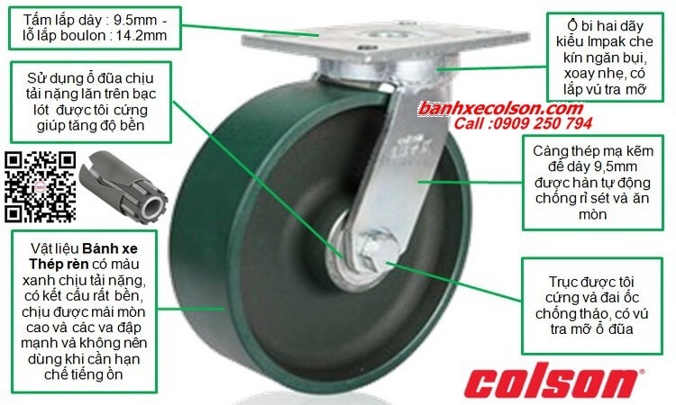 Thông số bánh xe đẩy siêu tải trọng trên 1 tấn ( 1,800kg - 2,025kg ) banhxecolson.com