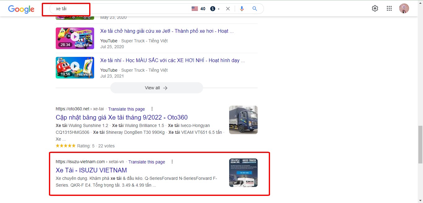 Tìm kiếm website xe tải trên top Google