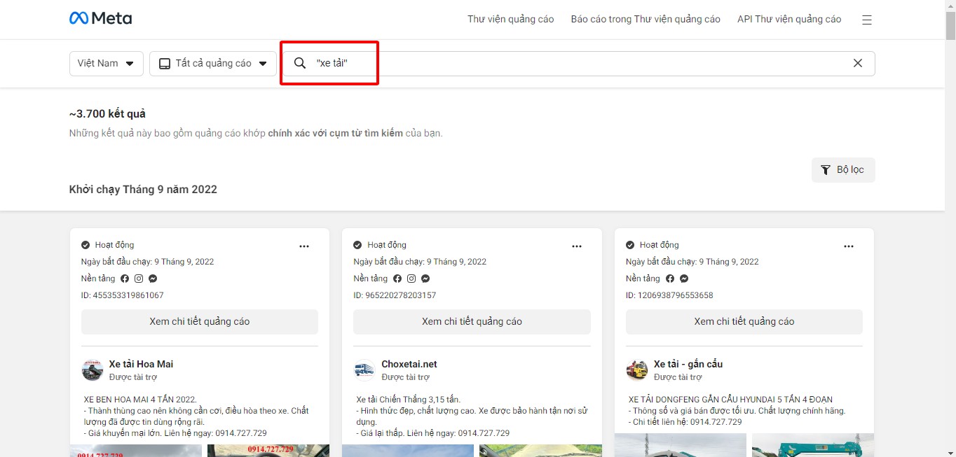 Tìm quảng cáo ô tô xe tải trên FB Ads Library