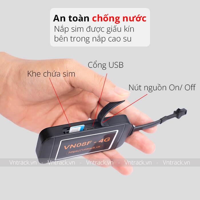 Vn08F 4G có khe cắm sim nút cao su, chống nước