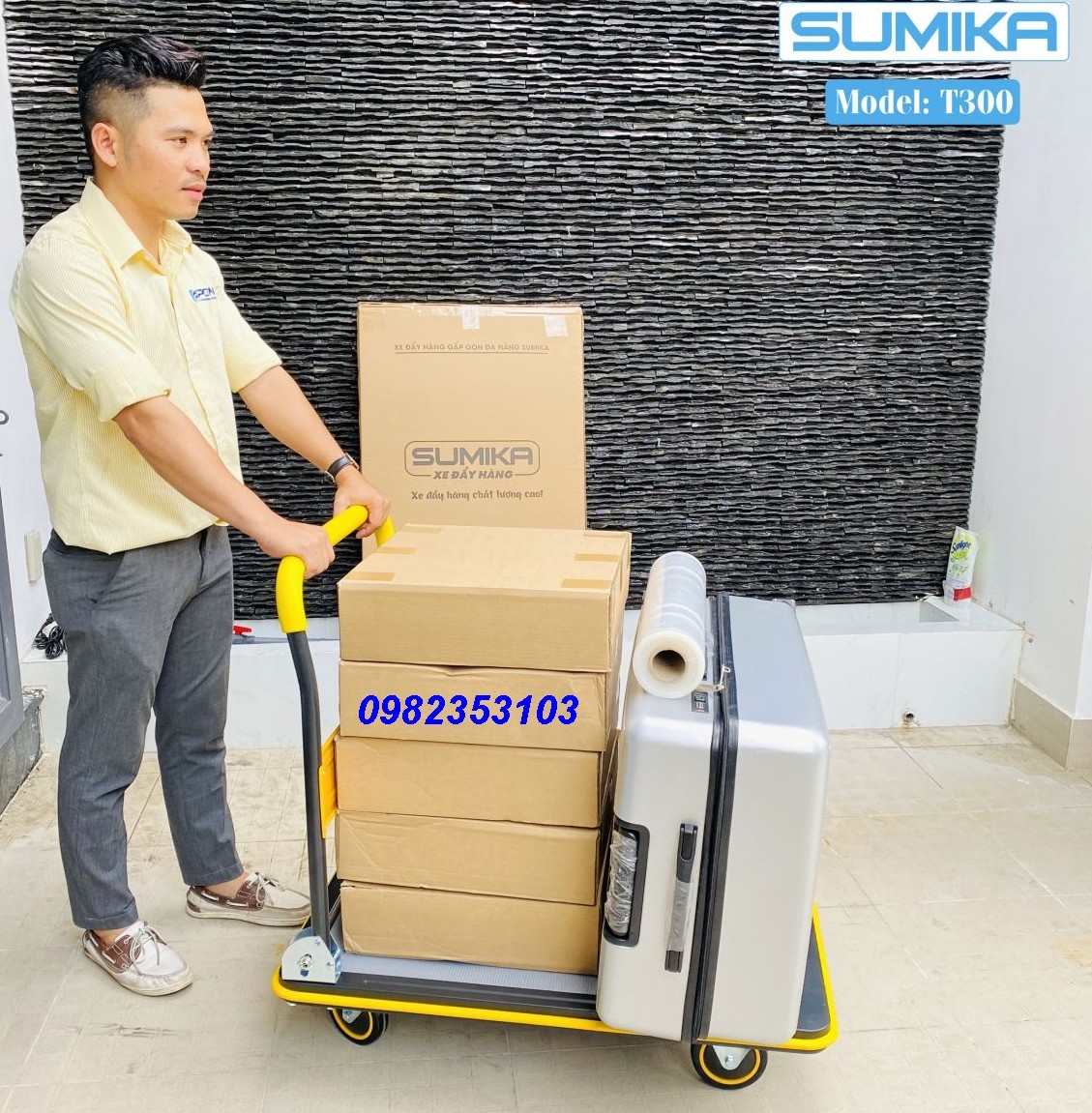 Xe đẩy hàng gấp gọn Sumika T300 trọng tải 300kg, khung thép chắc chắn, sàn rộng rãi 600x900mm.