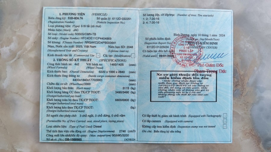 Vehicle registration certificate of a JAC N350s truck