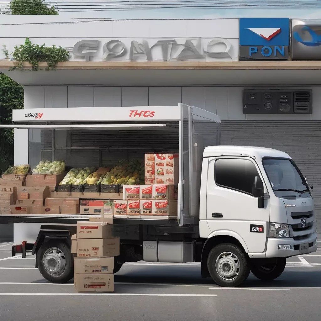 รถบรรทุก Thaco Foton 990kg จอดหน้าร้านขายของชำ