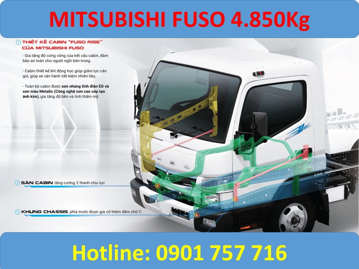 alt text: Hình ảnh chi tiết phần đầu xe tải Fuso 5 tấn, nổi bật logo Fuso mạ crom sáng bóng.