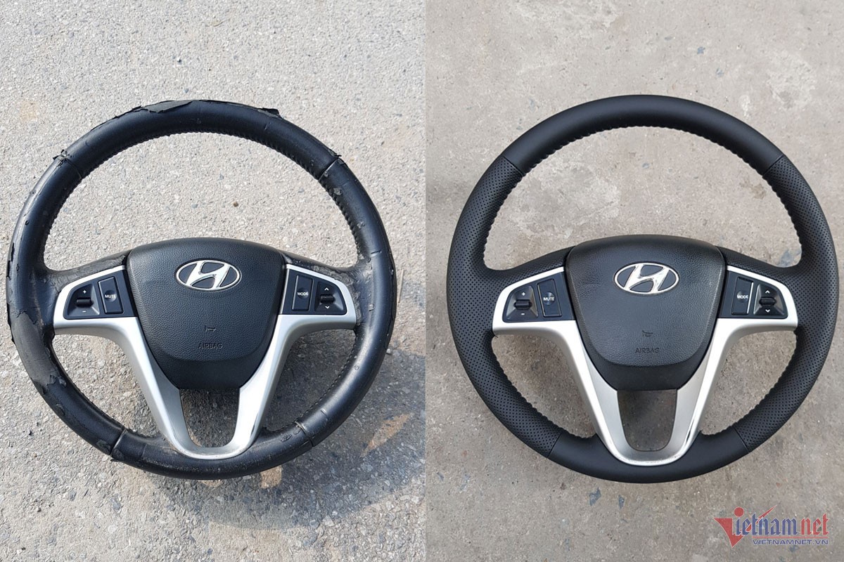Cliente a escolher revestimento em pele para volante de camião.