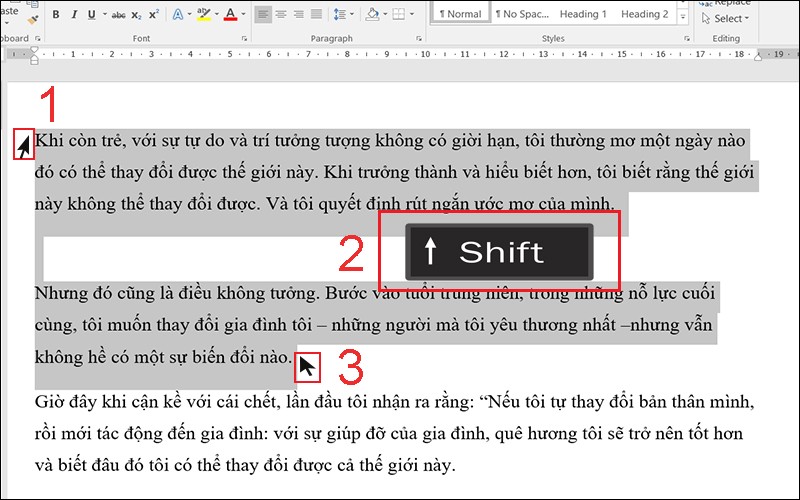 Bôi đen một vùng văn bản bằng chuột và Shift