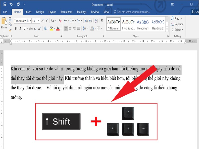 Bôi đen theo dòng và ký tự bằng Shift và phím mũi tên