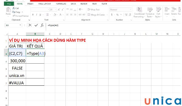 Nhập hàm TYPE vào ô kết quả trong Excel
