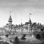 Bản phác thảo thiết kế Hotel Del Coronado năm 1886 với bố cục cơ bản gồm sân, tháp và khu ăn uống