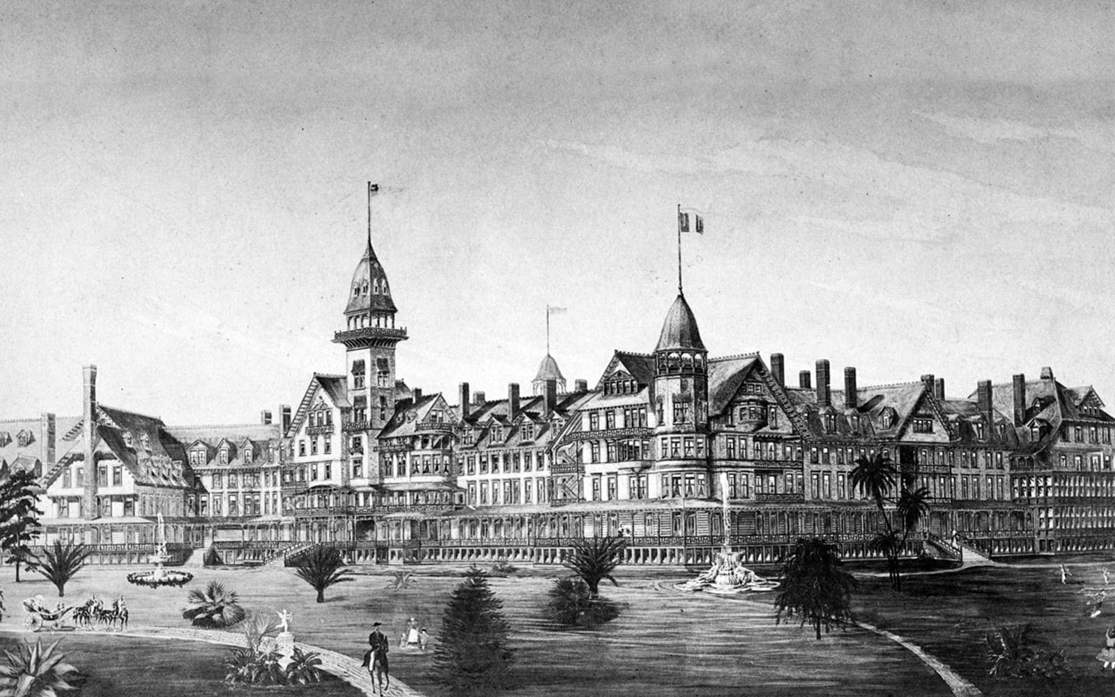 Bản phác thảo thiết kế Hotel Del Coronado năm 1886 với bố cục cơ bản gồm sân, tháp và khu ăn uống