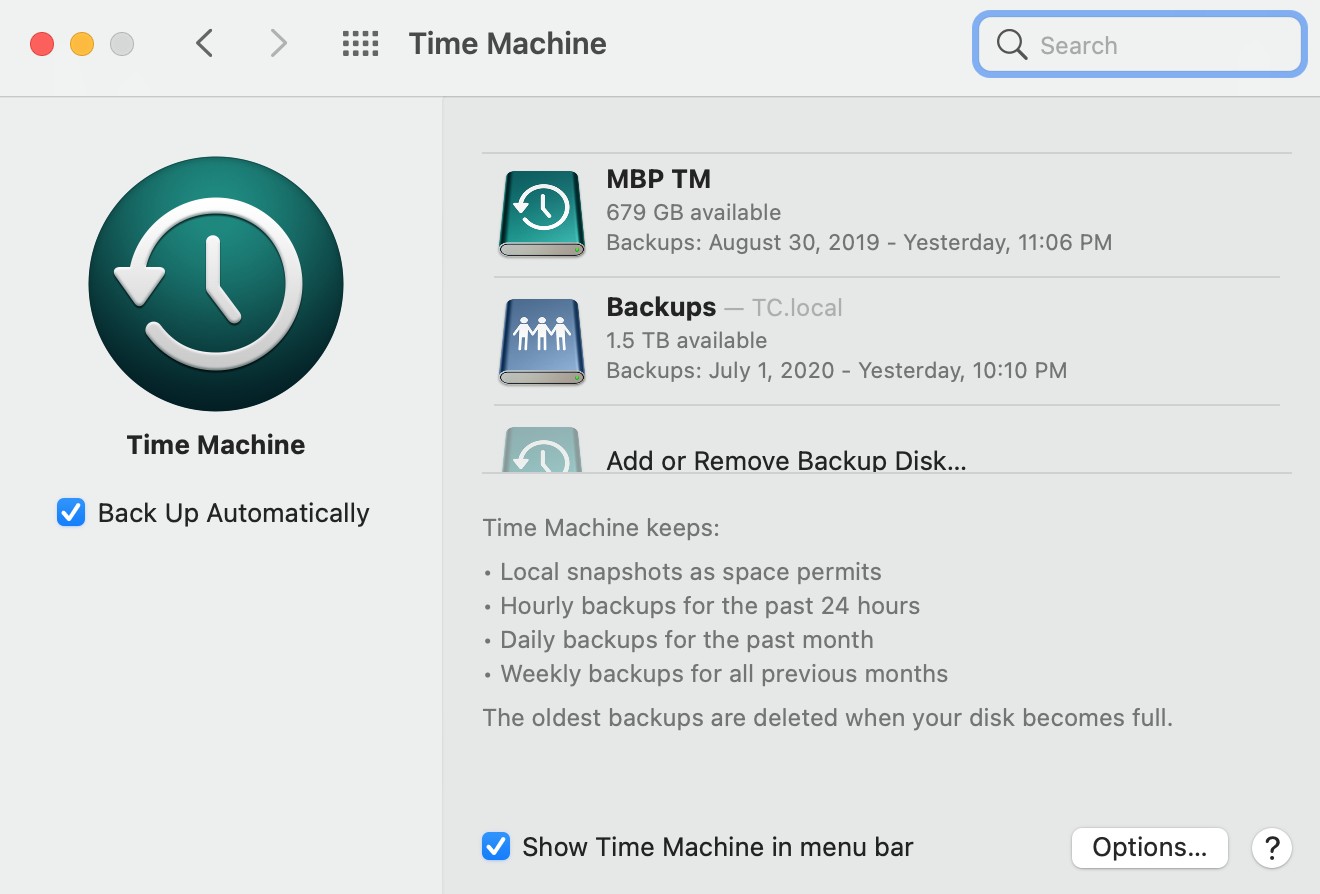 Hình ảnh giao diện Time Machine hiển thị các ổ đĩa sao lưu được kết nối