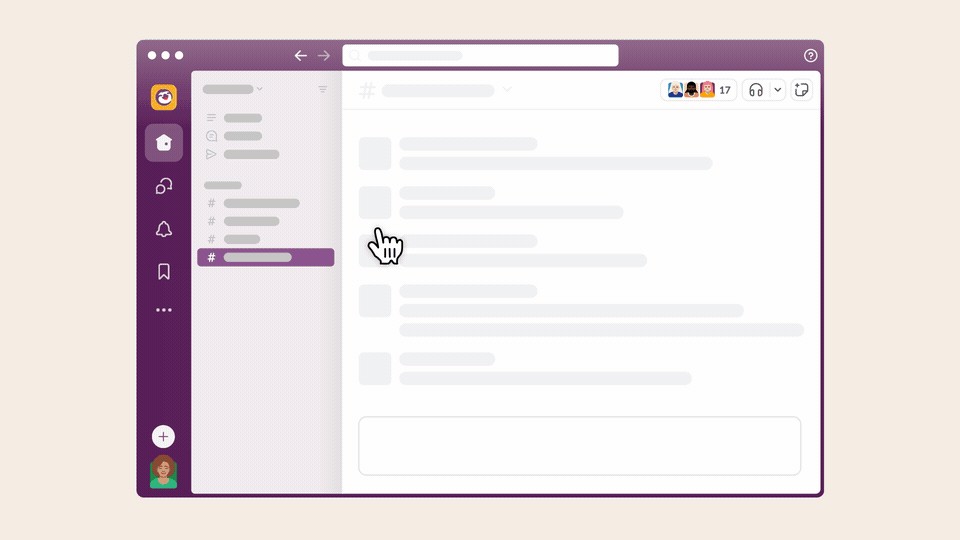 Huddle trong kênh Slack với một vài thành viên đang sử dụng video và chia sẻ màn hình