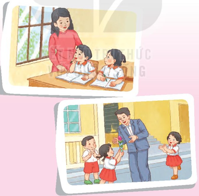 Các em học sinh lớp 1 cùng nhau hoàn thiện bức tranh hoa yêu thương với sự hướng dẫn tận tình của cô giáo