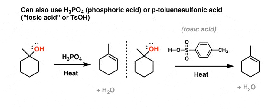 lựa chọn khác cho phản ứng loại nước E1 của alcohol, sử dụng axit photphoric H3PO4 hoặc axit tosic TsOH